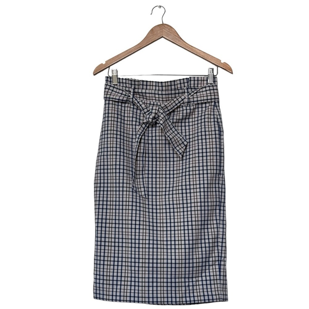 Ann Taylor Plaid Ribbon Pencil Skirt Slit Cream Blue Brown Size 0
